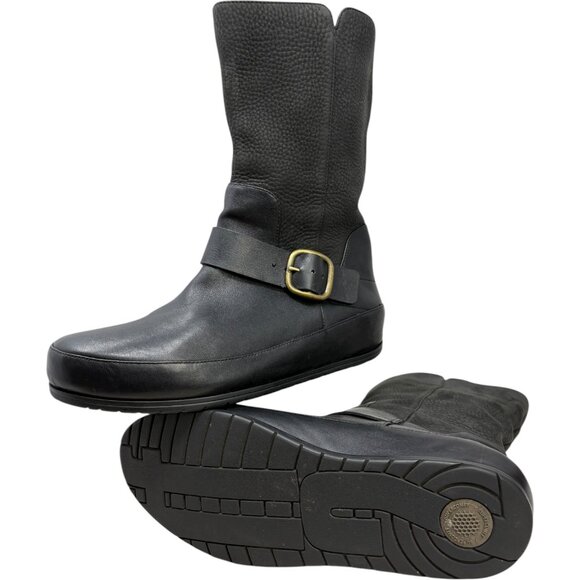 Fitflop Dueboot Black Pebbled Nubuck Leather Mid Calf Moto Boot - Picture 12 of 13